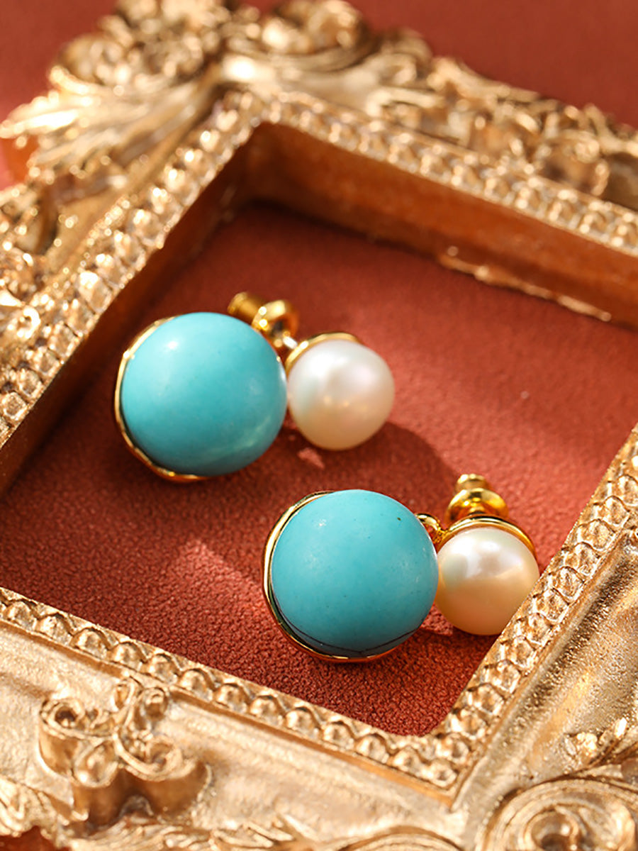 Women Artsy S925Silver Turquoise Pearl Earrings