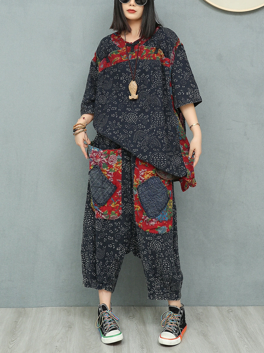 Women Summer Ethnic Flower Linen Spliced Suits