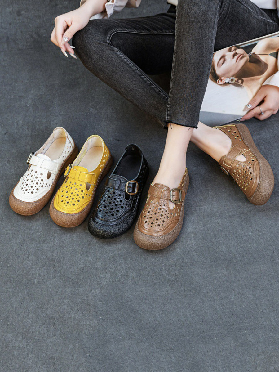 Women Summer Pure Color Genuine Leather Flat Shoes