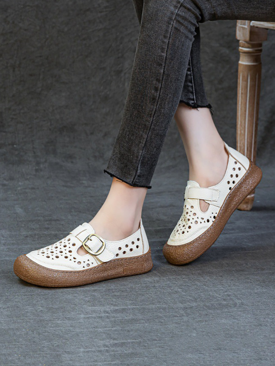 Women Summer Pure Color Genuine Leather Flat Shoes