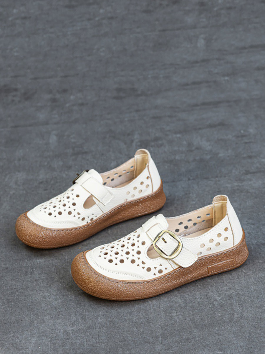 Women Summer Pure Color Genuine Leather Flat Shoes