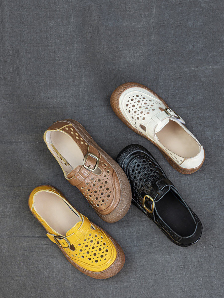 Women Summer Pure Color Genuine Leather Flat Shoes