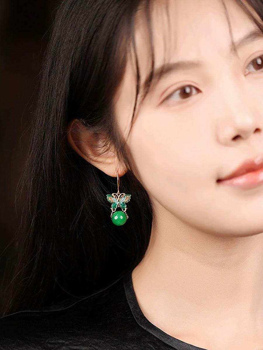 Women Artsy S925Silver Butterfly Green Jade Earrings