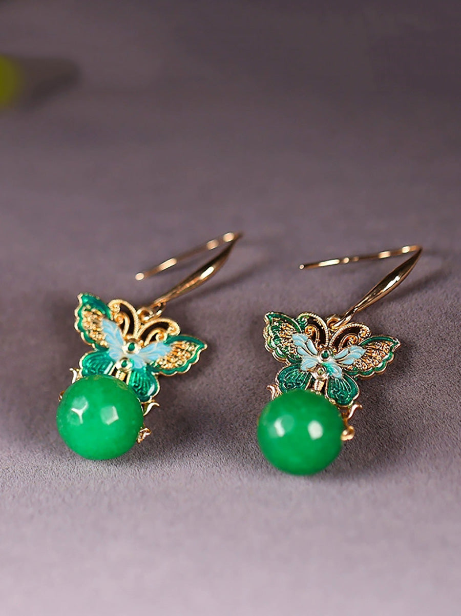 Women Artsy S925Silver Butterfly Green Jade Earrings