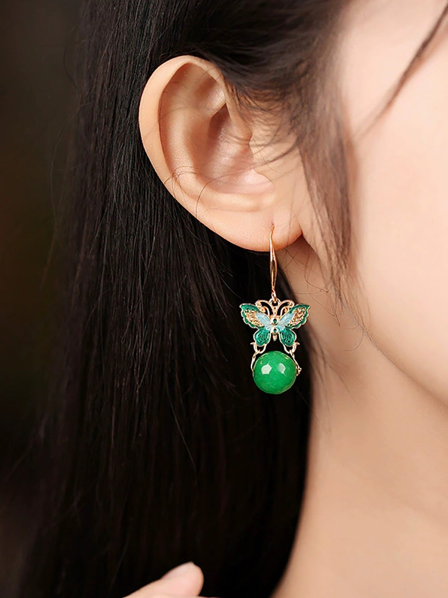 Women Artsy S925Silver Butterfly Green Jade Earrings