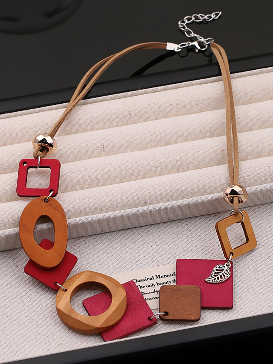 Women Geometric Wooden Weave Necklace