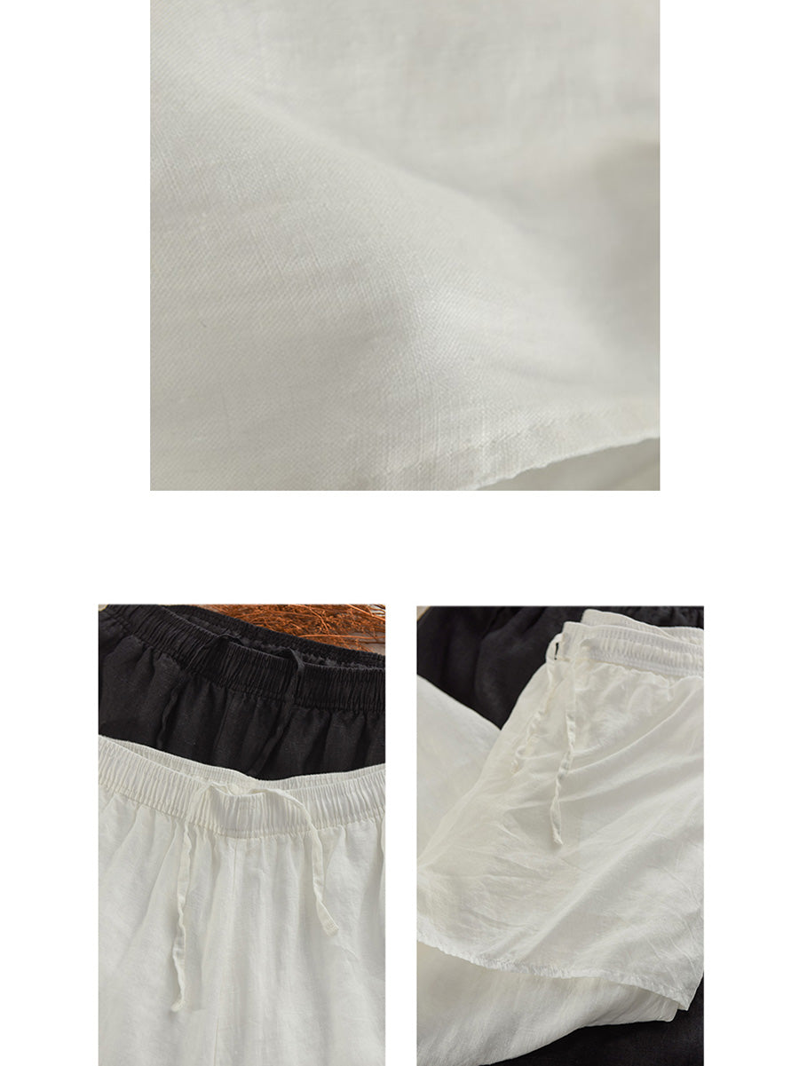 Plus Size Women Casual Pure Color 100%Linen Wide-leg Pants