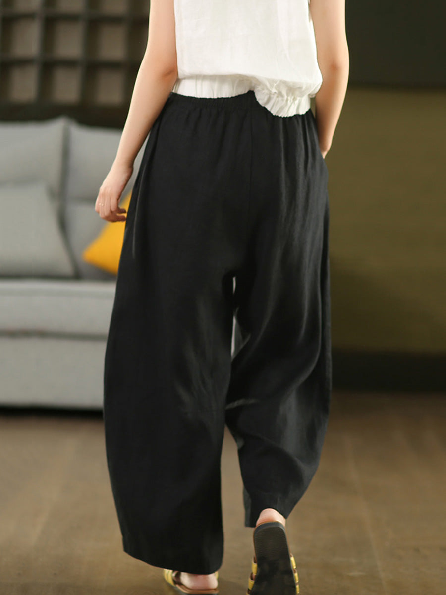 Plus Size Women Casual Pure Color 100%Linen Wide-leg Pants