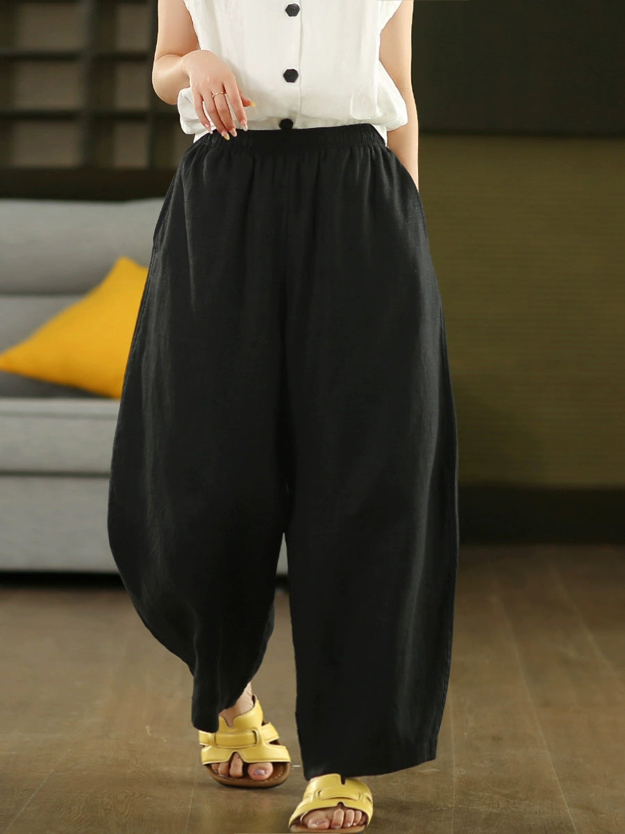 Plus Size Women Casual Pure Color 100%Linen Wide-leg Pants