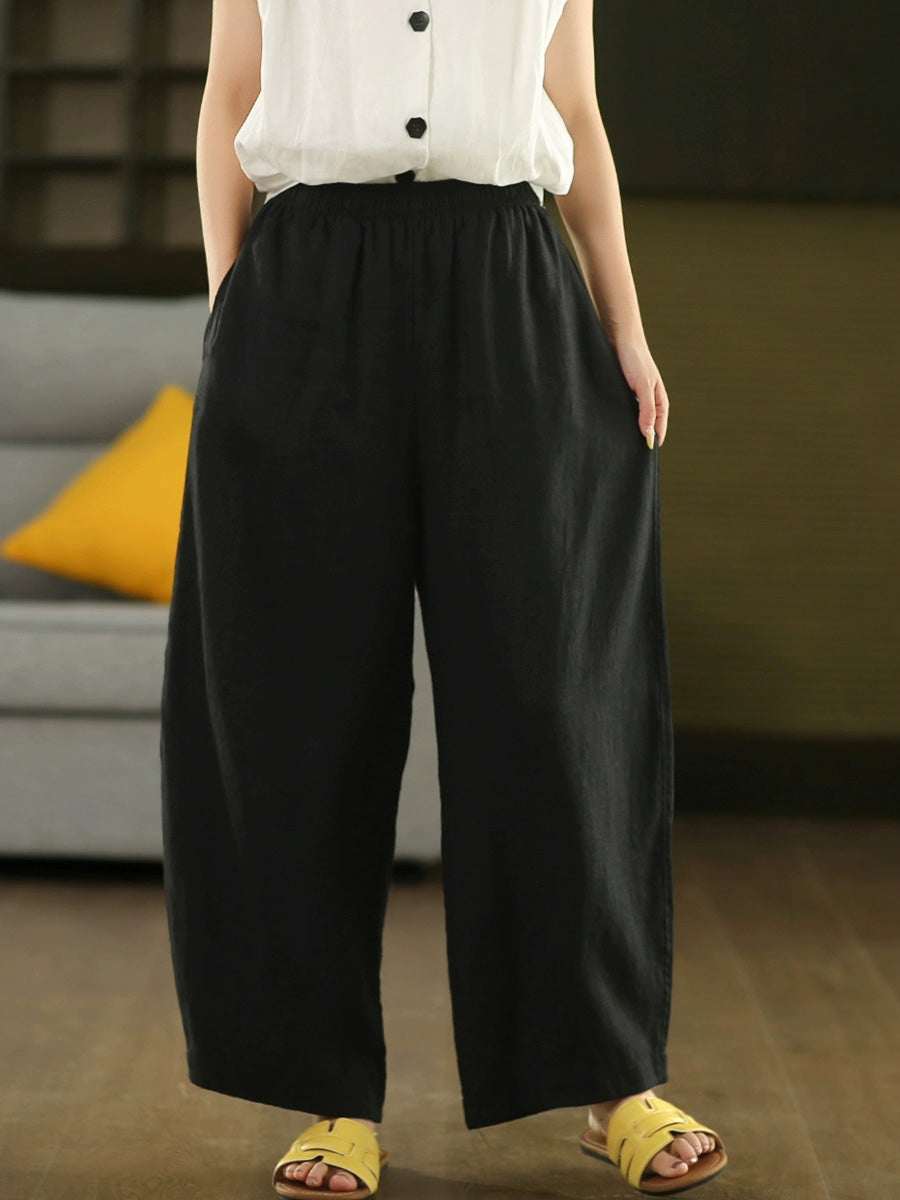 Plus Size Women Casual Pure Color 100%Linen Wide-leg Pants