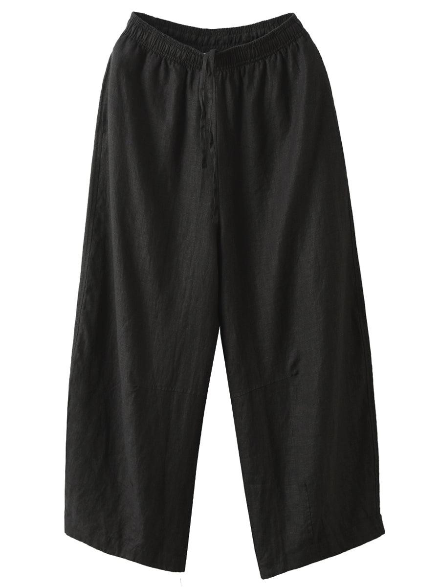 Plus Size Women Casual Pure Color 100%Linen Wide-leg Pants