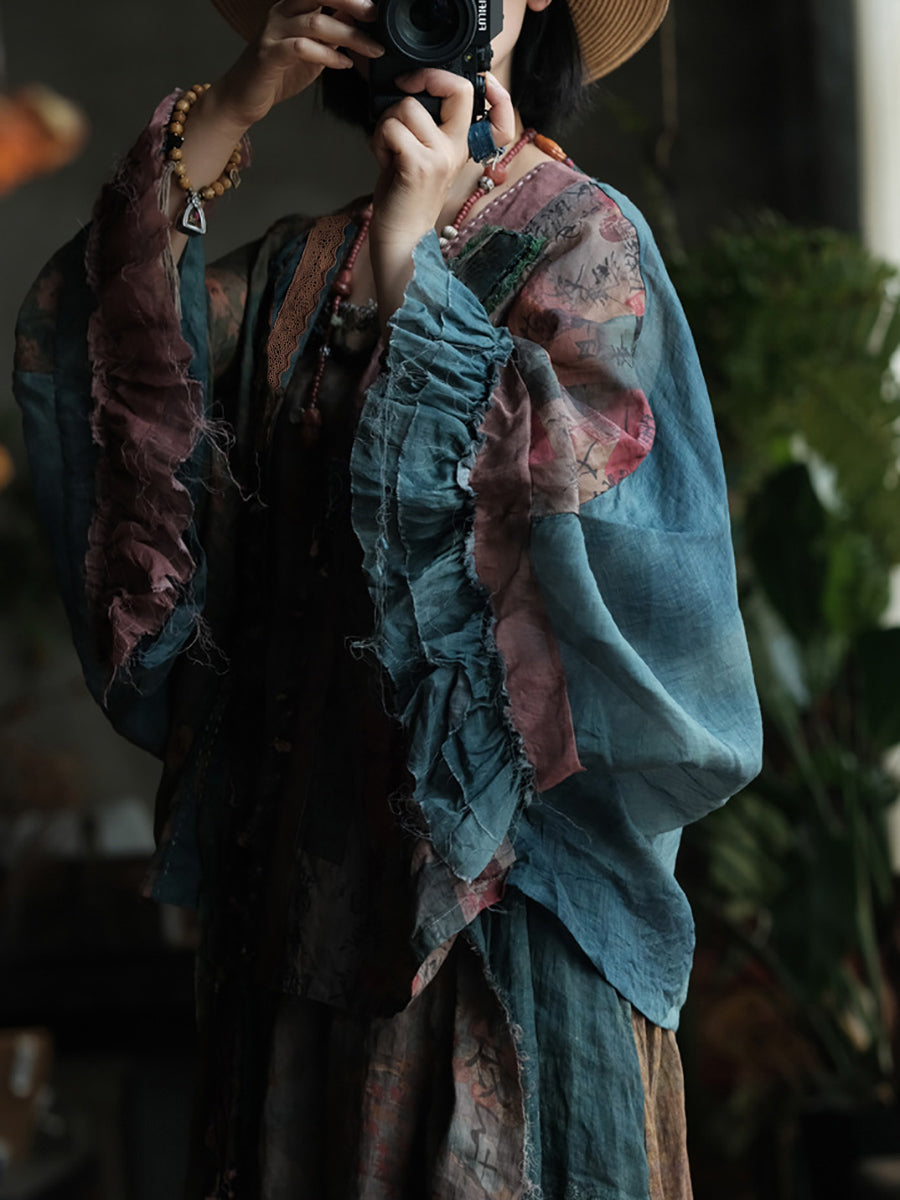 Plus Size Women Summer Retro Flower Spliced 100%Ramie Shirt Coat