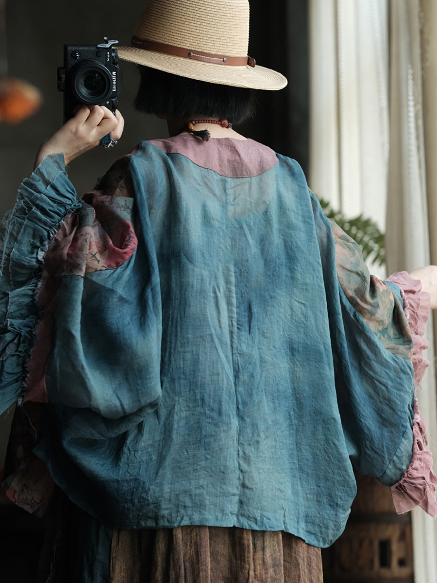Plus Size Women Summer Retro Flower Spliced 100%Ramie Shirt Coat