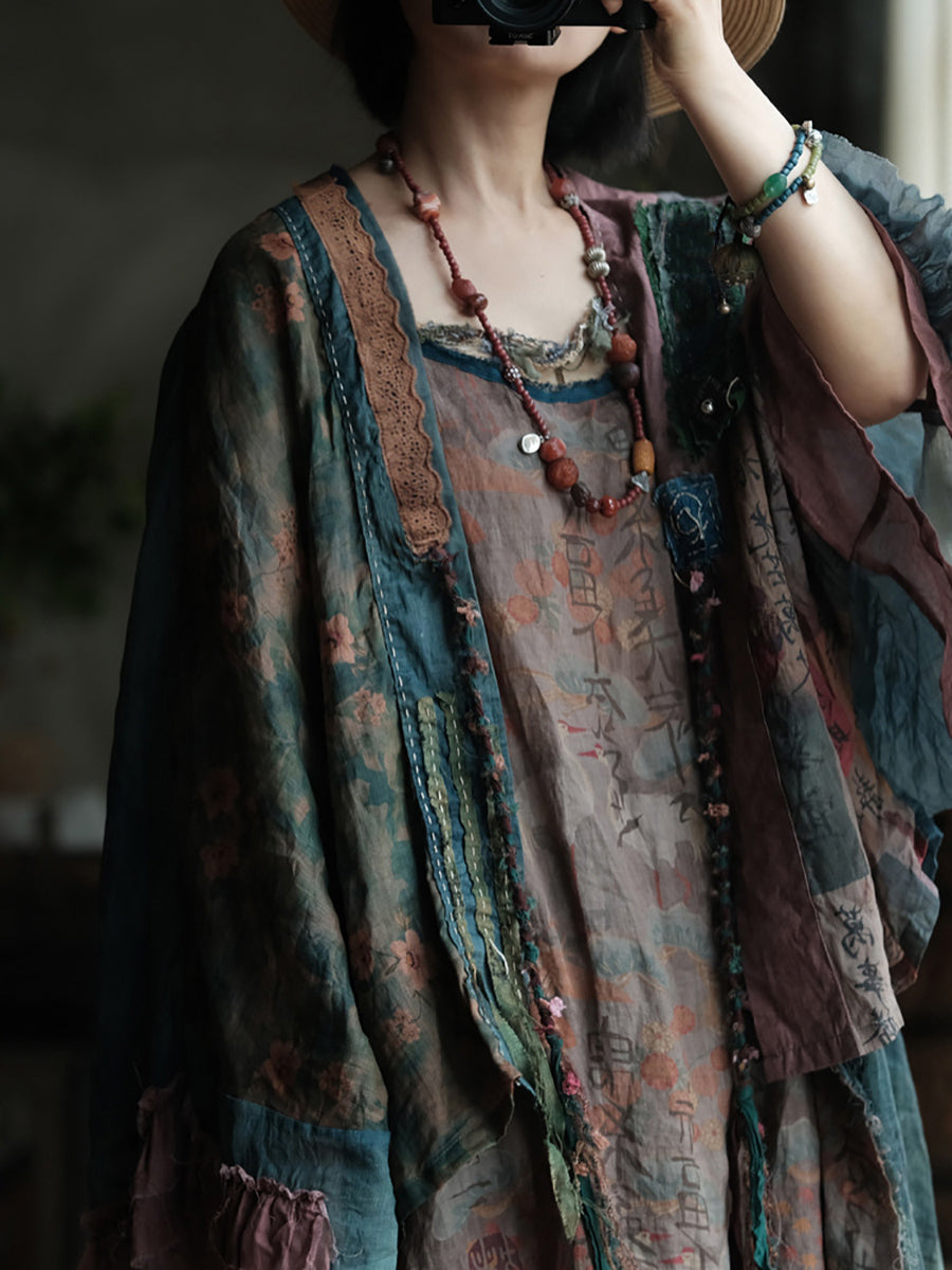 Plus Size Women Summer Retro Flower Spliced 100%Ramie Shirt Coat