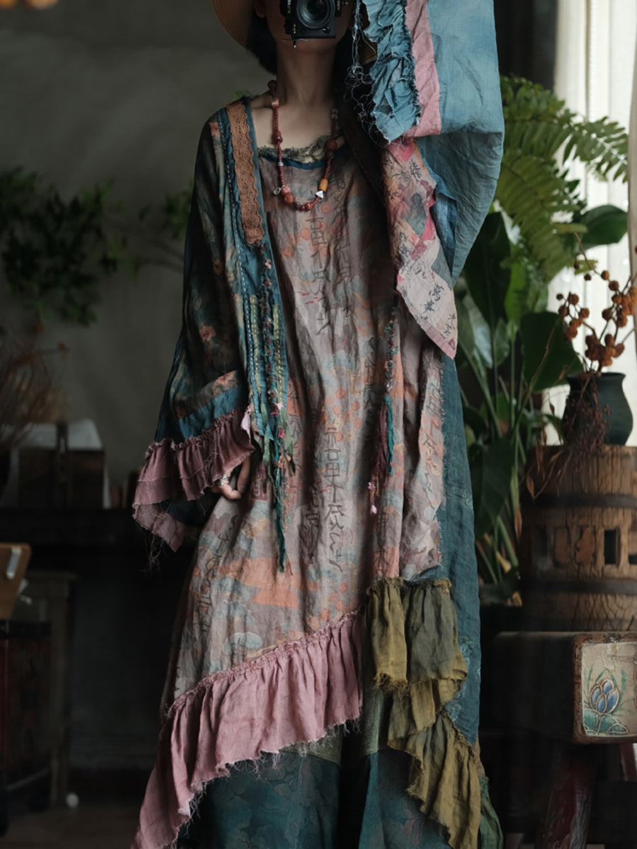 Plus Size Women Summer Retro Flower Spliced 100%Ramie Shirt Coat