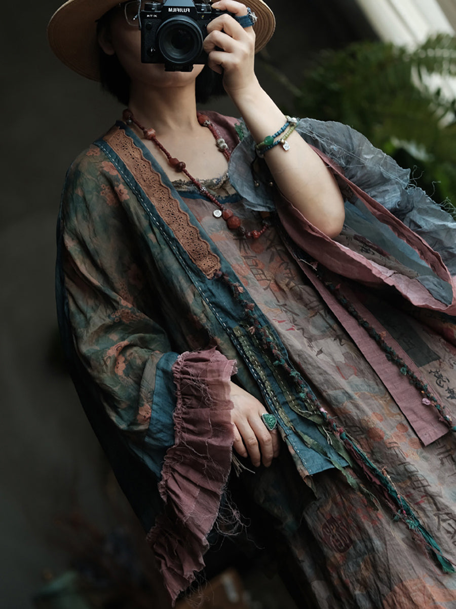 Plus Size Women Summer Retro Flower Spliced 100%Ramie Shirt Coat