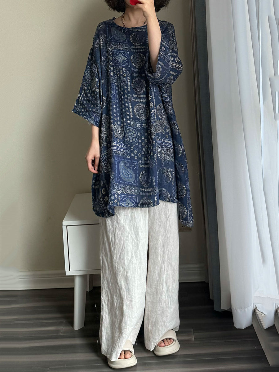 Plus Size Women Summer Vintage Flower O-neck 100%Raime Blouse