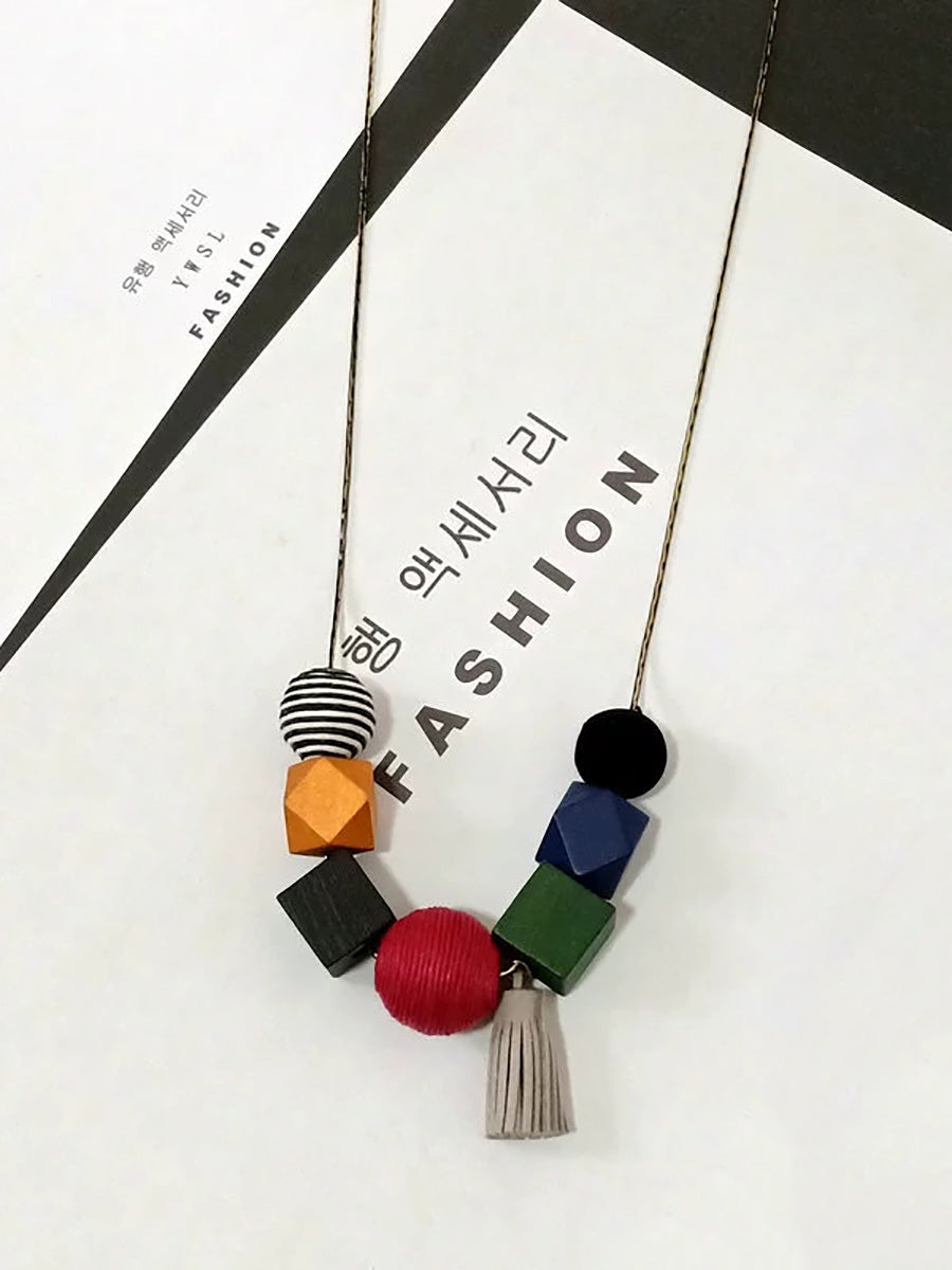 Women Artsy Colorful Geometric Wood Necklace
