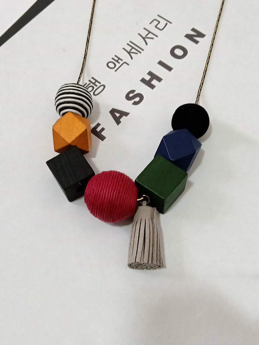 Women Artsy Colorful Geometric Wood Necklace
