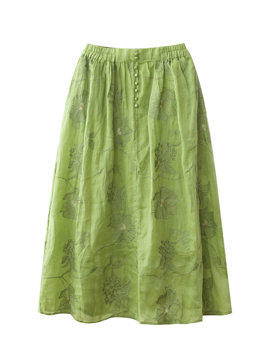 Plus Size Women Summer Artsy Flower Embroidery 100%Ramie Skirt