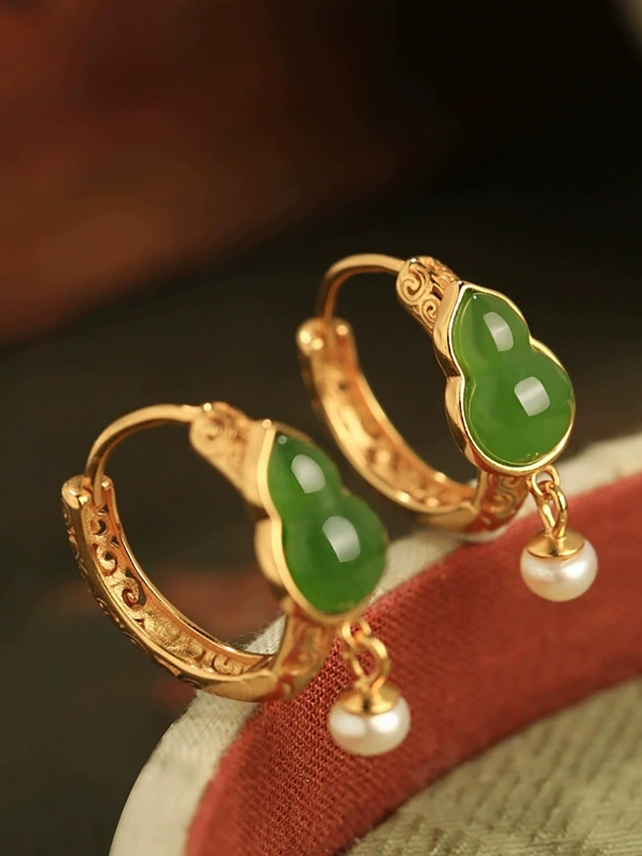 Women Vintage Jade Gourd Pearl Alloy Earrings