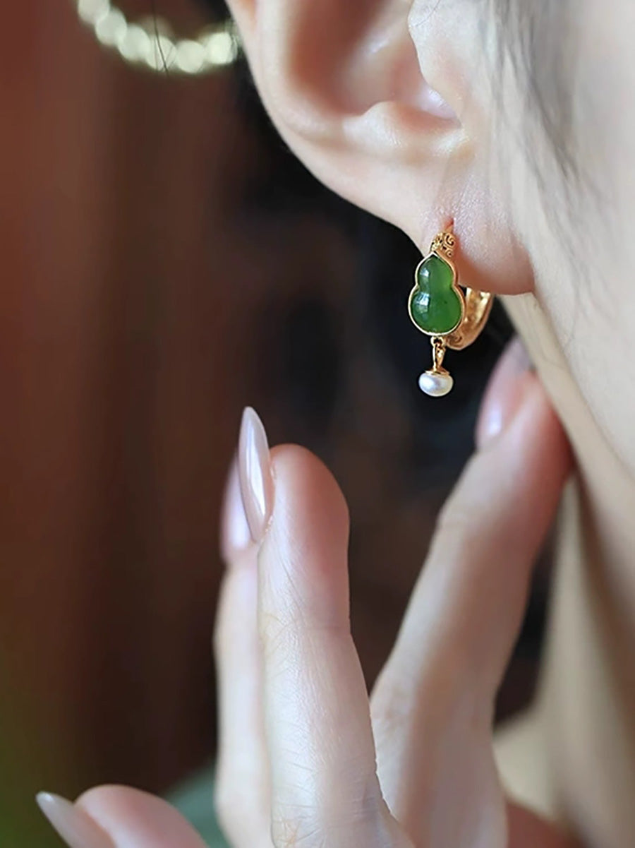 Women Vintage Jade Gourd Pearl Alloy Earrings