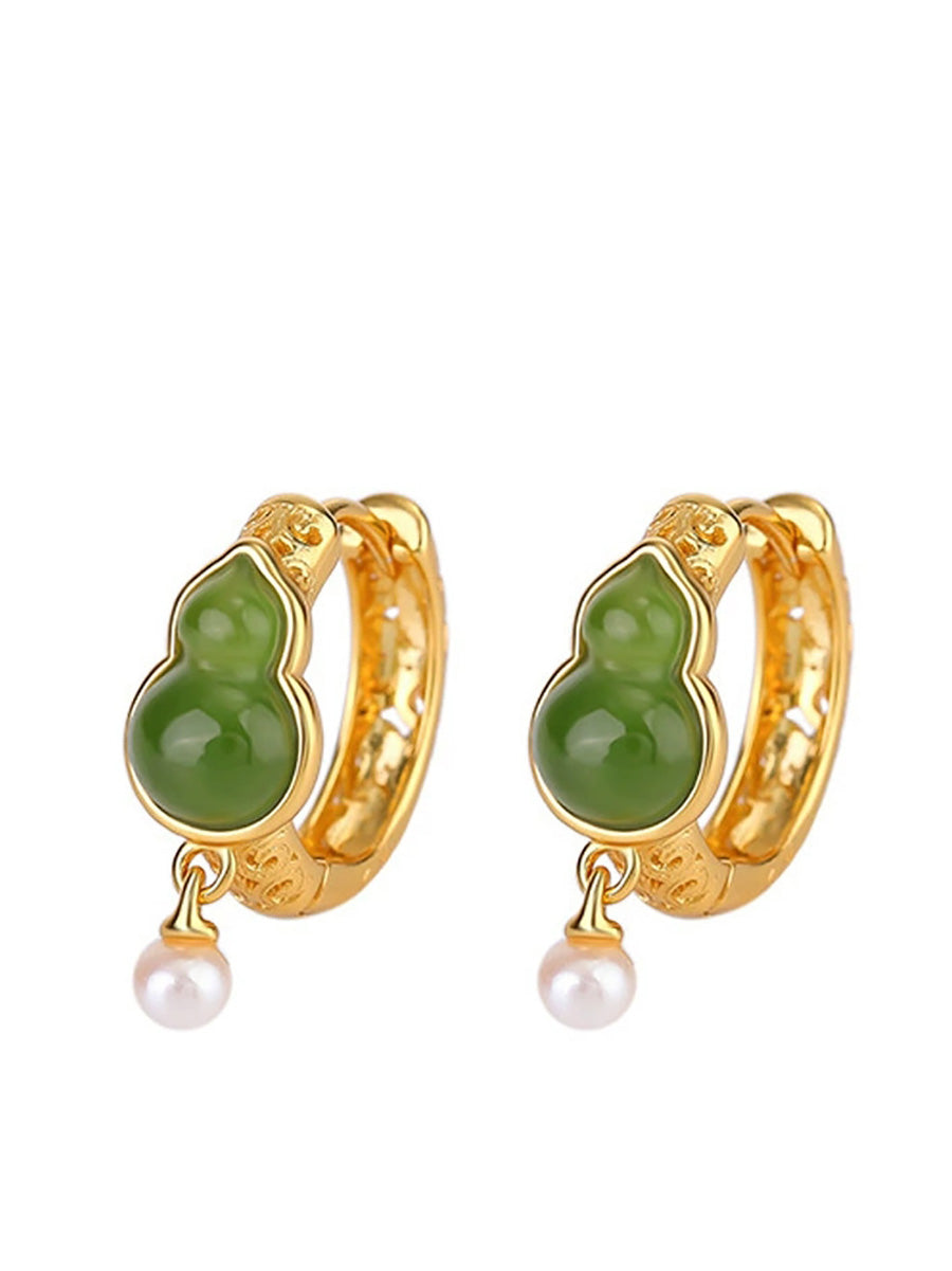 Women Vintage Jade Gourd Pearl Alloy Earrings