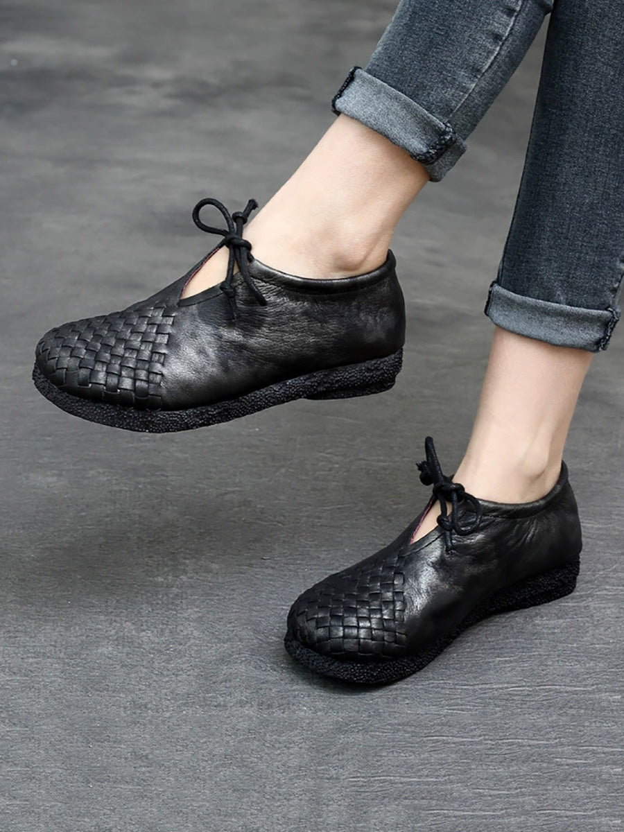 Women Summer Vintage Leather Weave Low Heel Shoes
