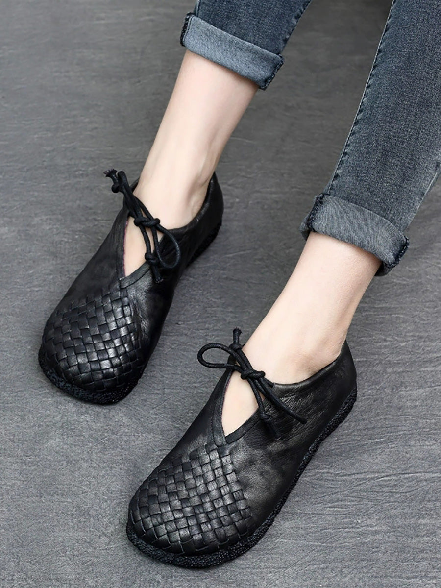 Women Summer Vintage Leather Weave Low Heel Shoes
