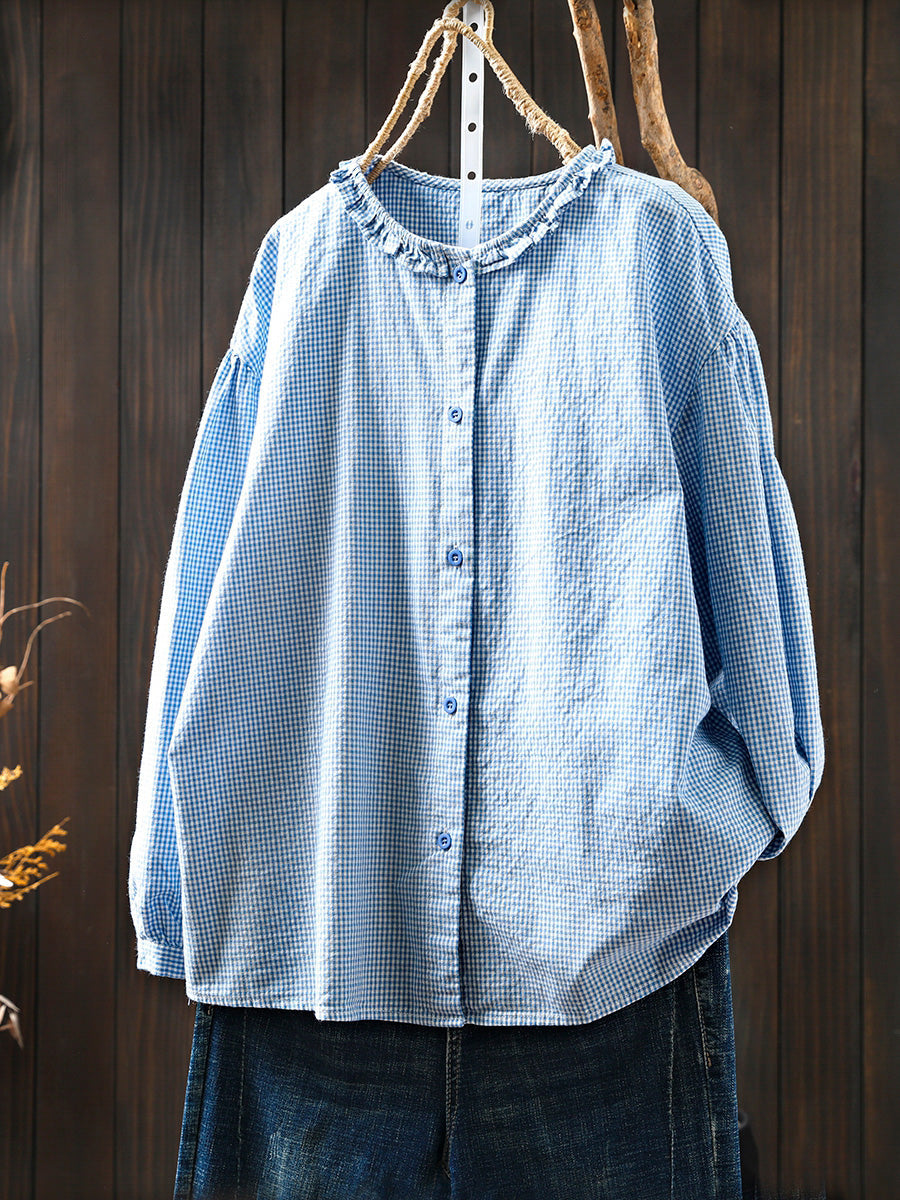 Plus Size Women Summer Artsy Plaid Lace Collar Cotton Shirt