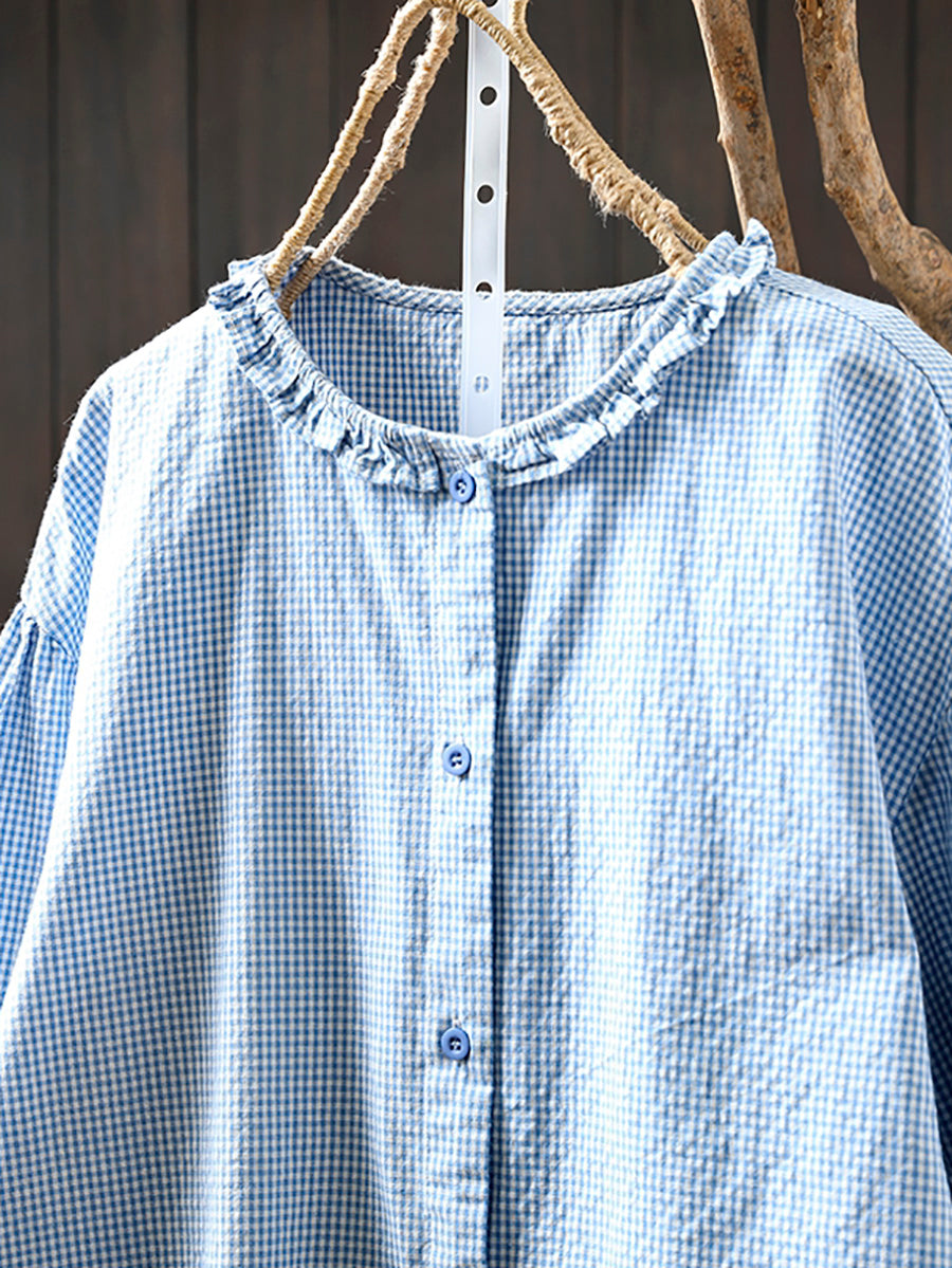 Plus Size Women Summer Artsy Plaid Lace Collar Cotton Shirt