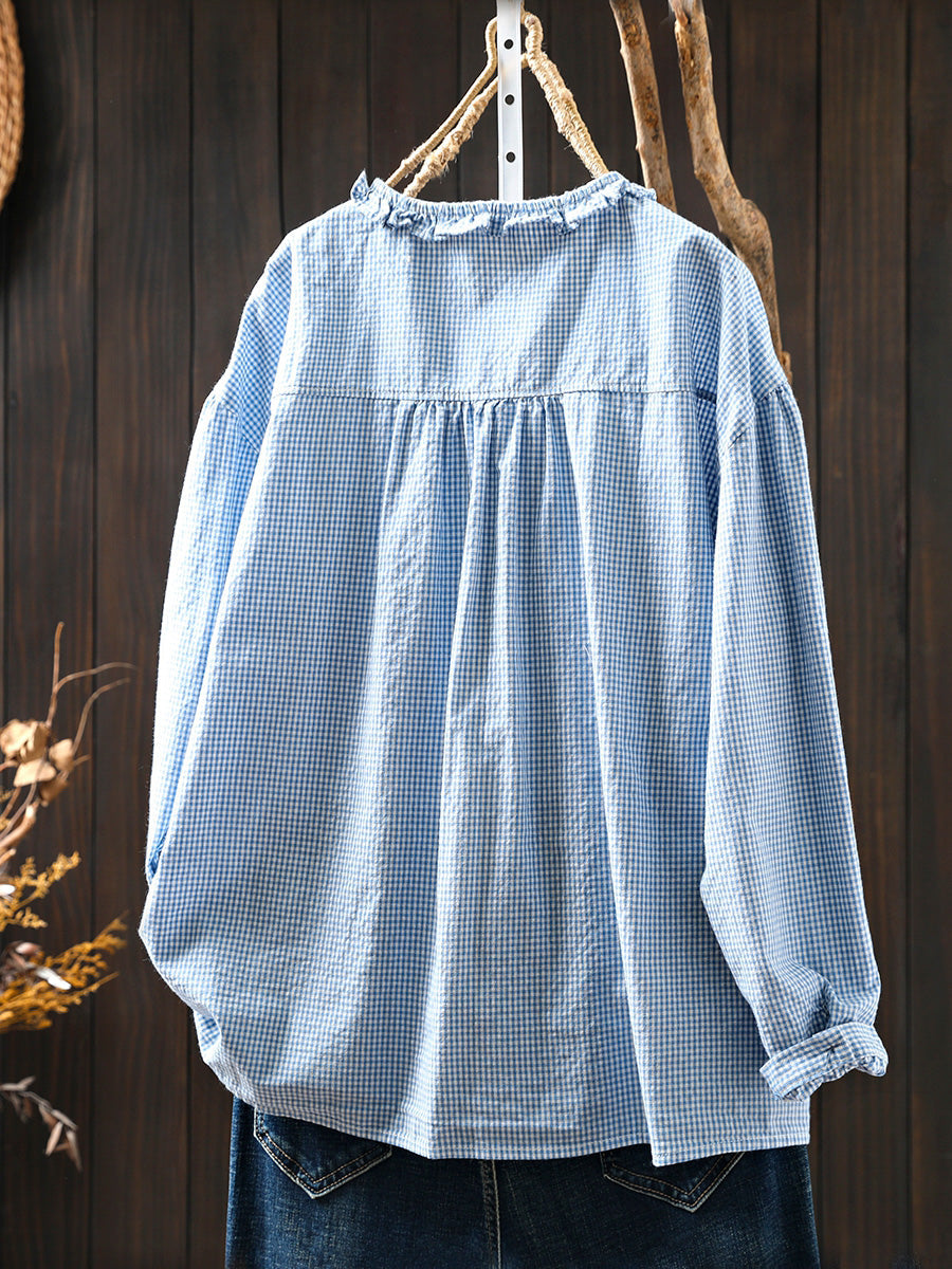 Plus Size Women Summer Artsy Plaid Lace Collar Cotton Shirt