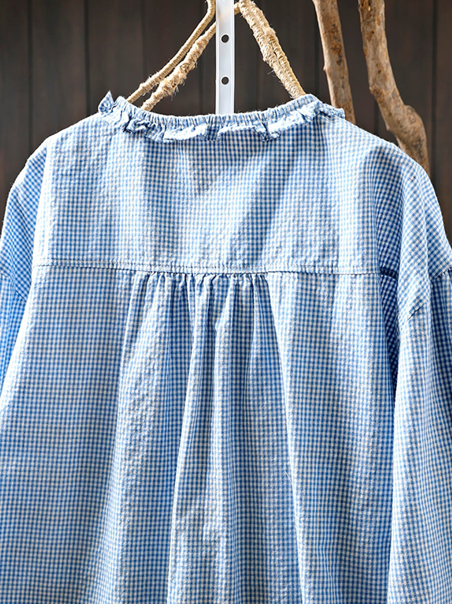 Plus Size Women Summer Artsy Plaid Lace Collar Cotton Shirt