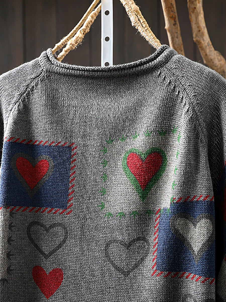 Women Autumn  Artsy Heart Button-up Knitted O-Neck Shirt