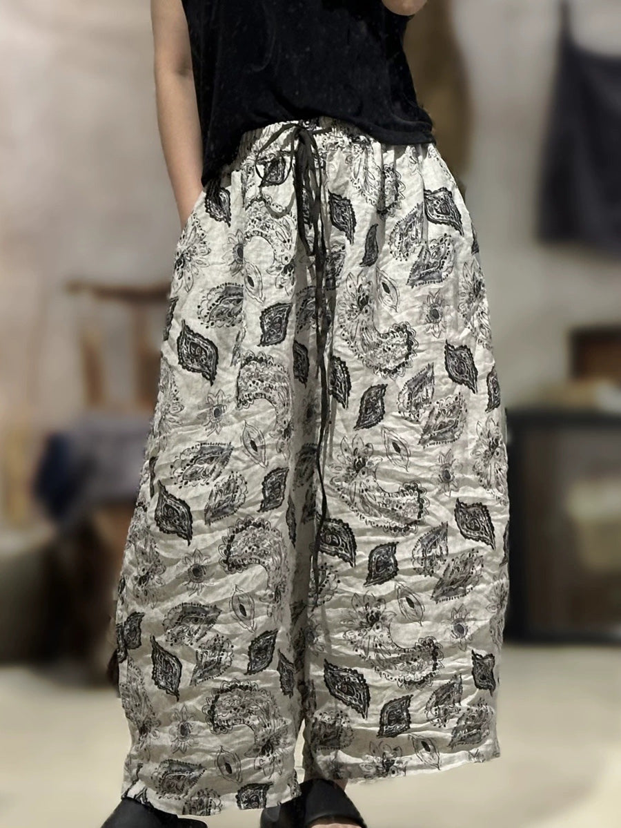 Plus Size Women Summer Retro Print Linen Wide-leg Pants