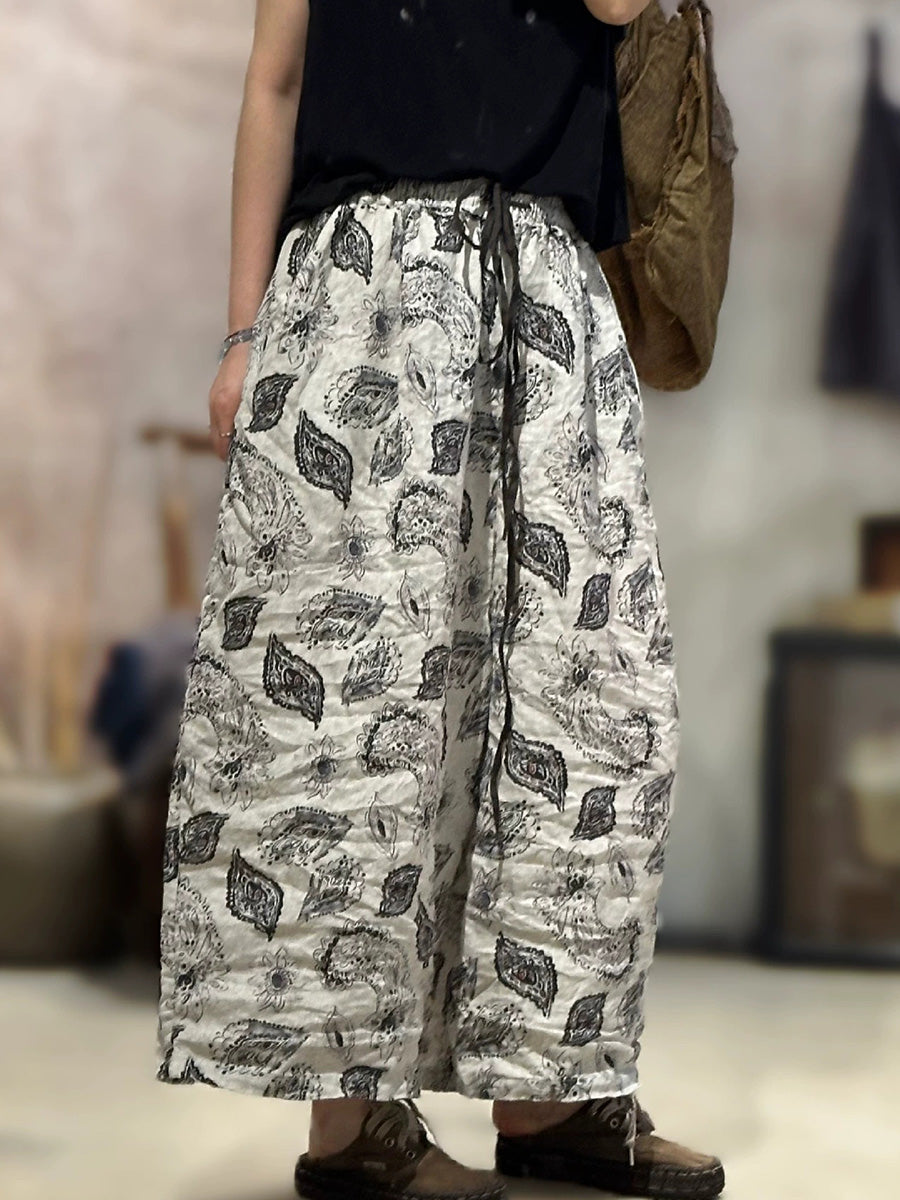 Plus Size Women Summer Retro Print Linen Wide-leg Pants