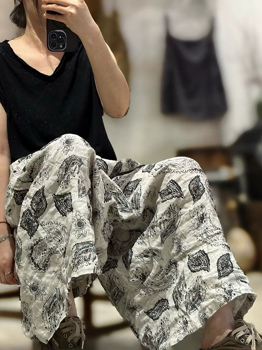Plus Size Women Summer Retro Print Linen Wide-leg Pants