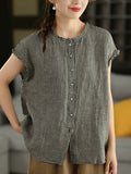 Women Summer Vintage Plaid 100%Linen O-Neck Shirt