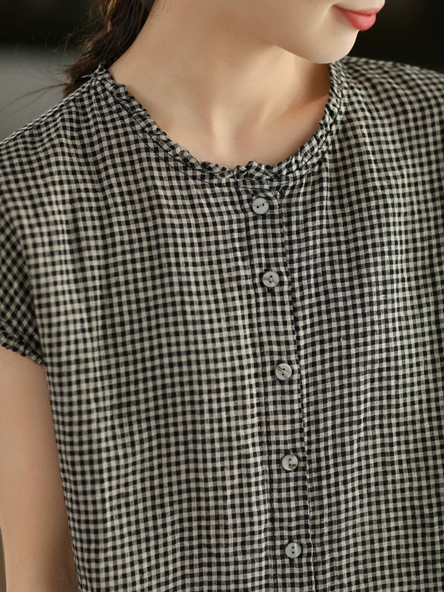 Women Summer Vintage Plaid 100%Linen O-Neck Shirt