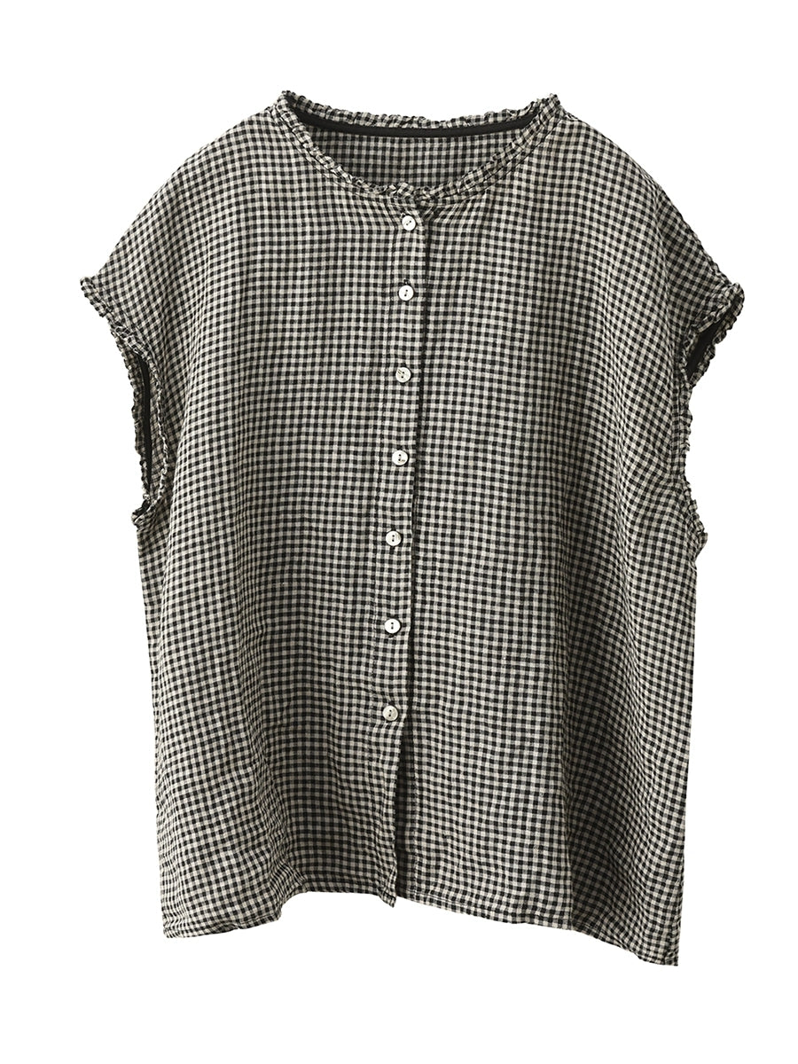 Women Summer Vintage Plaid 100%Linen O-Neck Shirt