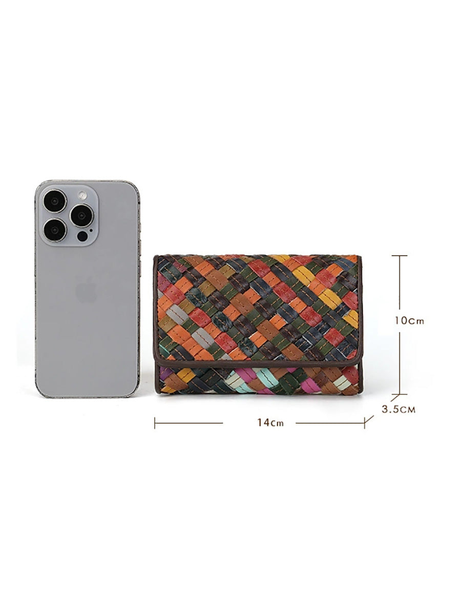 Women Colorful Leather Weave Multifunction Wallet