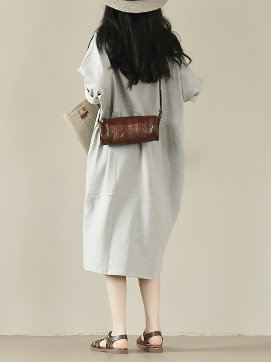 Plus Size Women Autumn Casual Pure Color O-Neck Cotton Dress