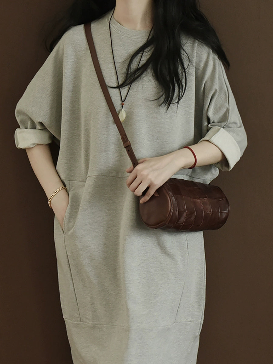 Plus Size Women Autumn Casual Pure Color O-Neck Cotton Dress