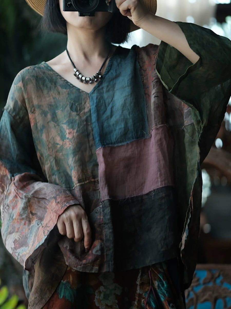 Women Summer Vintage Flower Patchwork Ramie Shirt