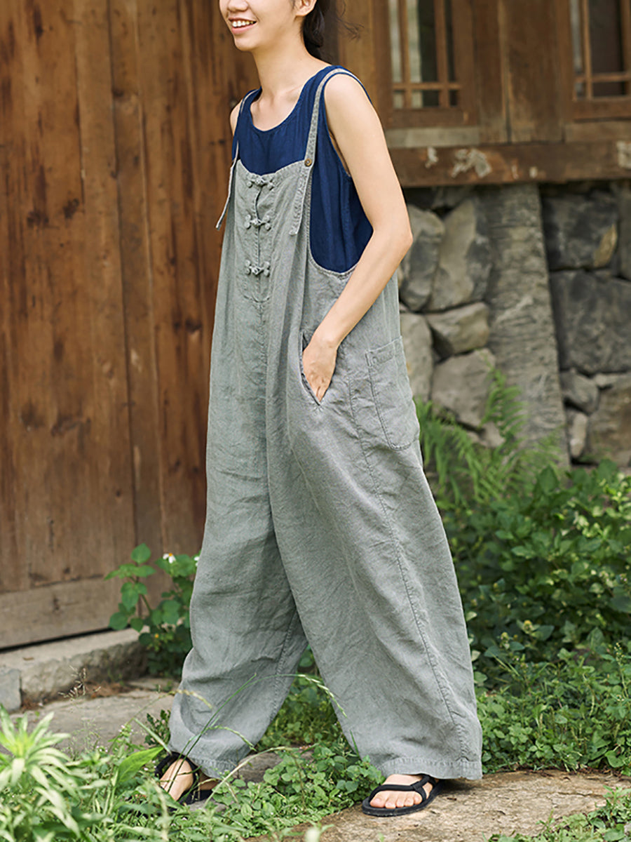Plus Size Women Summer Retro Pure Color Jumpsuits