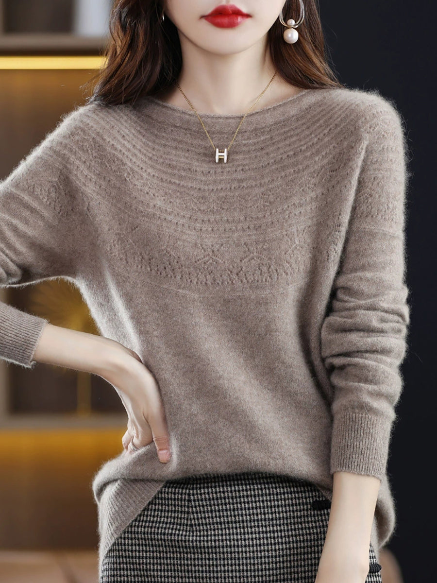Women Autumn Elegant O-Neck Knitted Wool Sweater