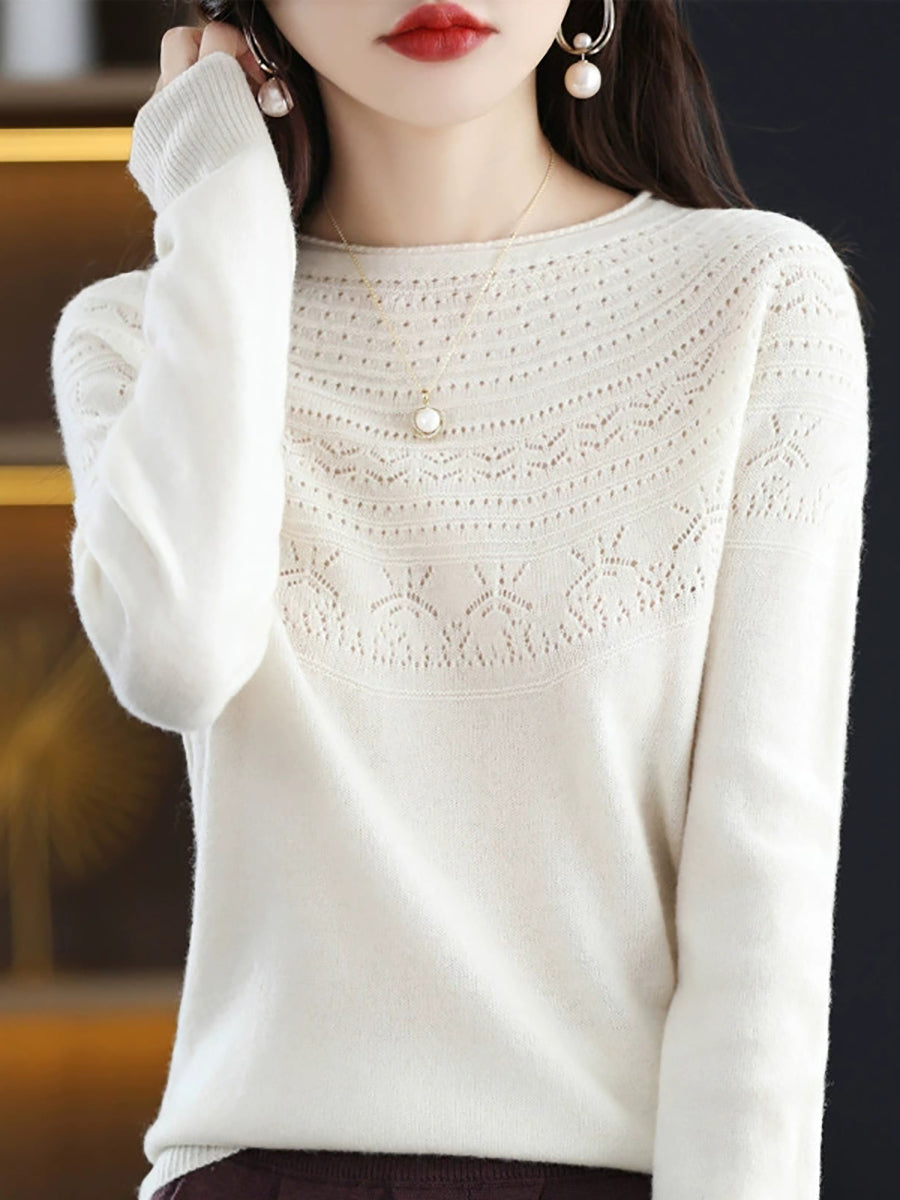 Women Autumn Elegant O-Neck Knitted Wool Sweater
