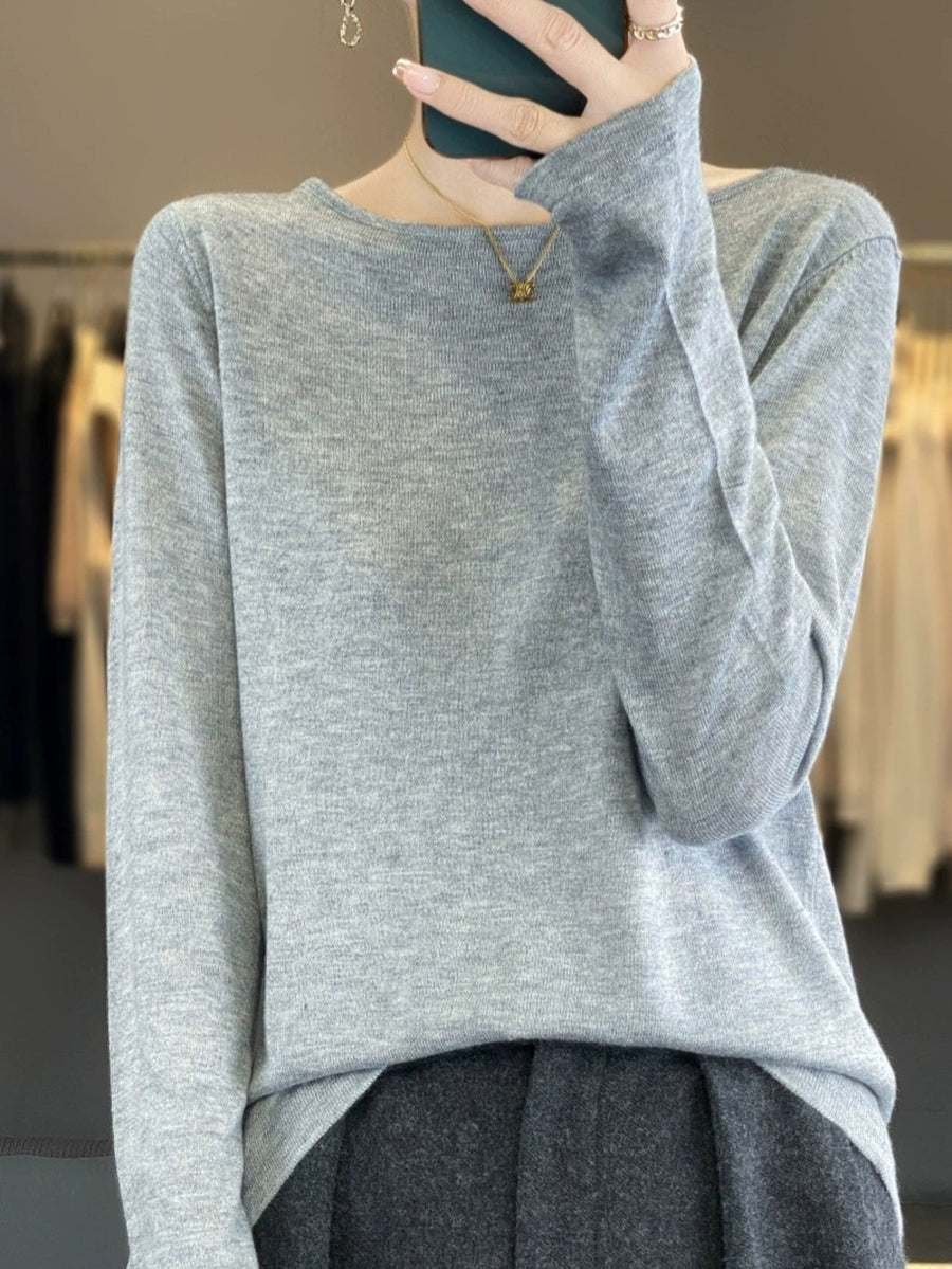 Women Autumn Casual Pure Color O-Neck Knit Sweater