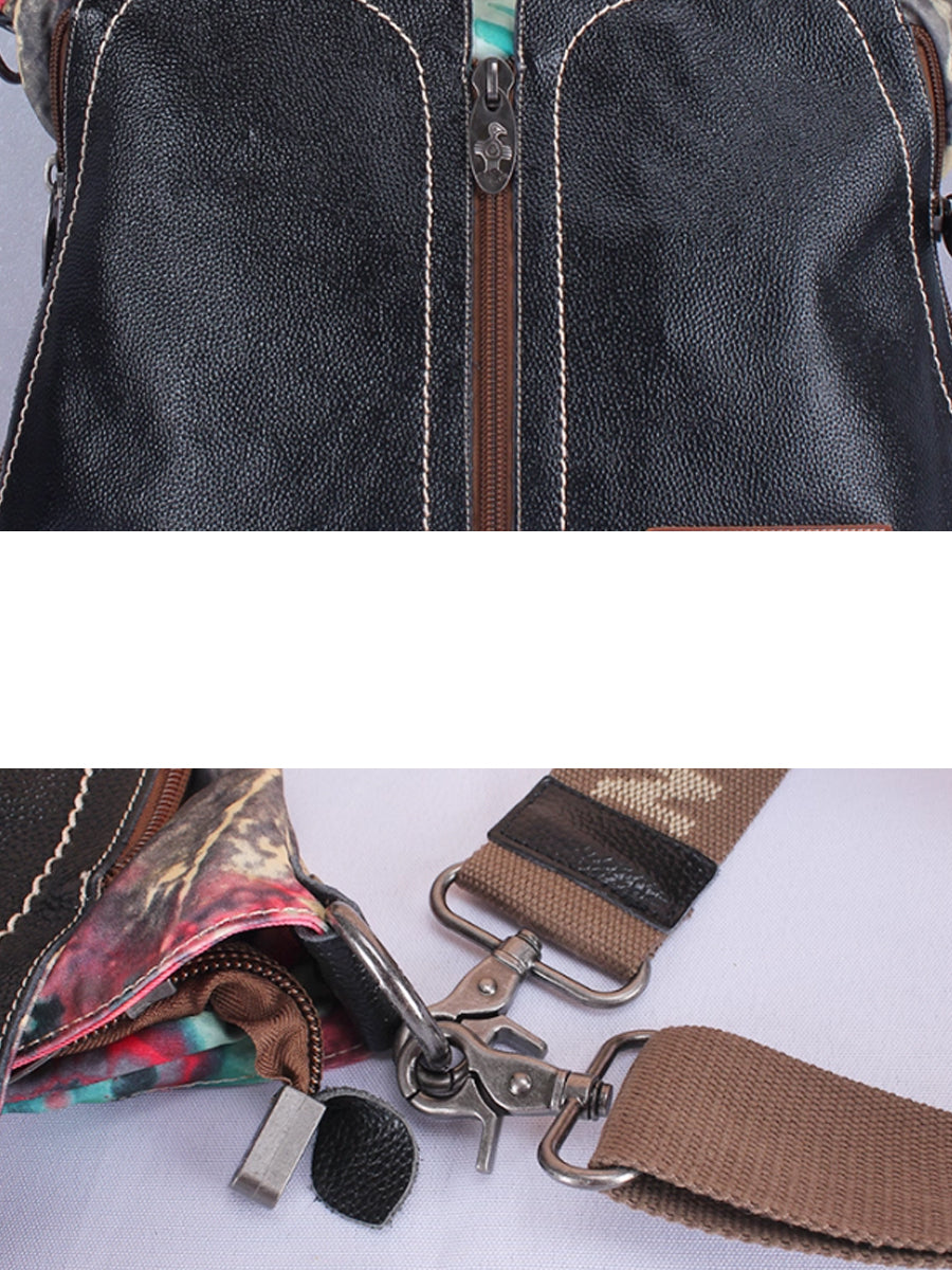 Vintage Leather Spliced Flower Shoulder Bag