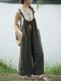 Plus Size Women Summer Retro Pure Color 100%Linen Jumpsuits